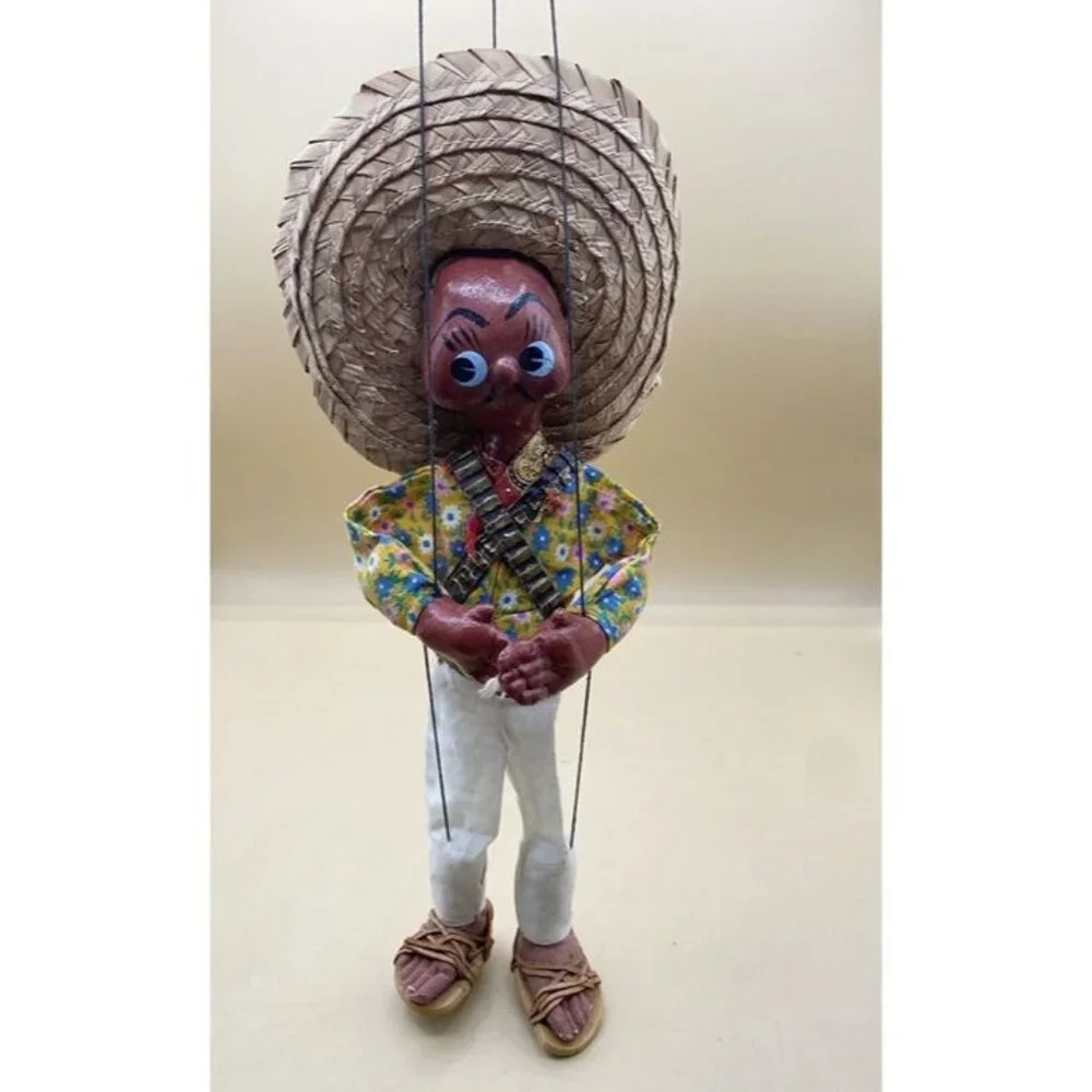 Mexican Marionette String Puppet Sombrero Ammo Belt 2 Handle Toy Doll Figure